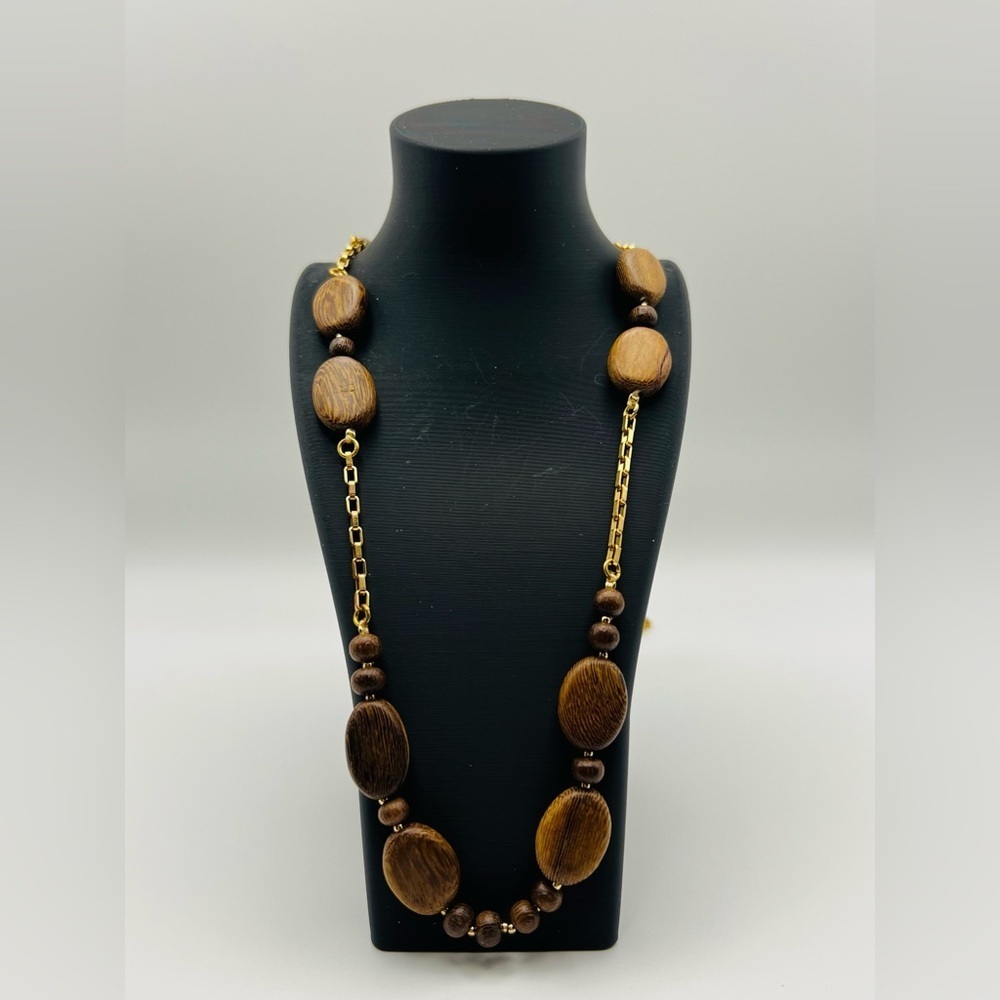 Vintage Wooden Bead & Gold Chain Necklace Boho Natural Wood Jewelry